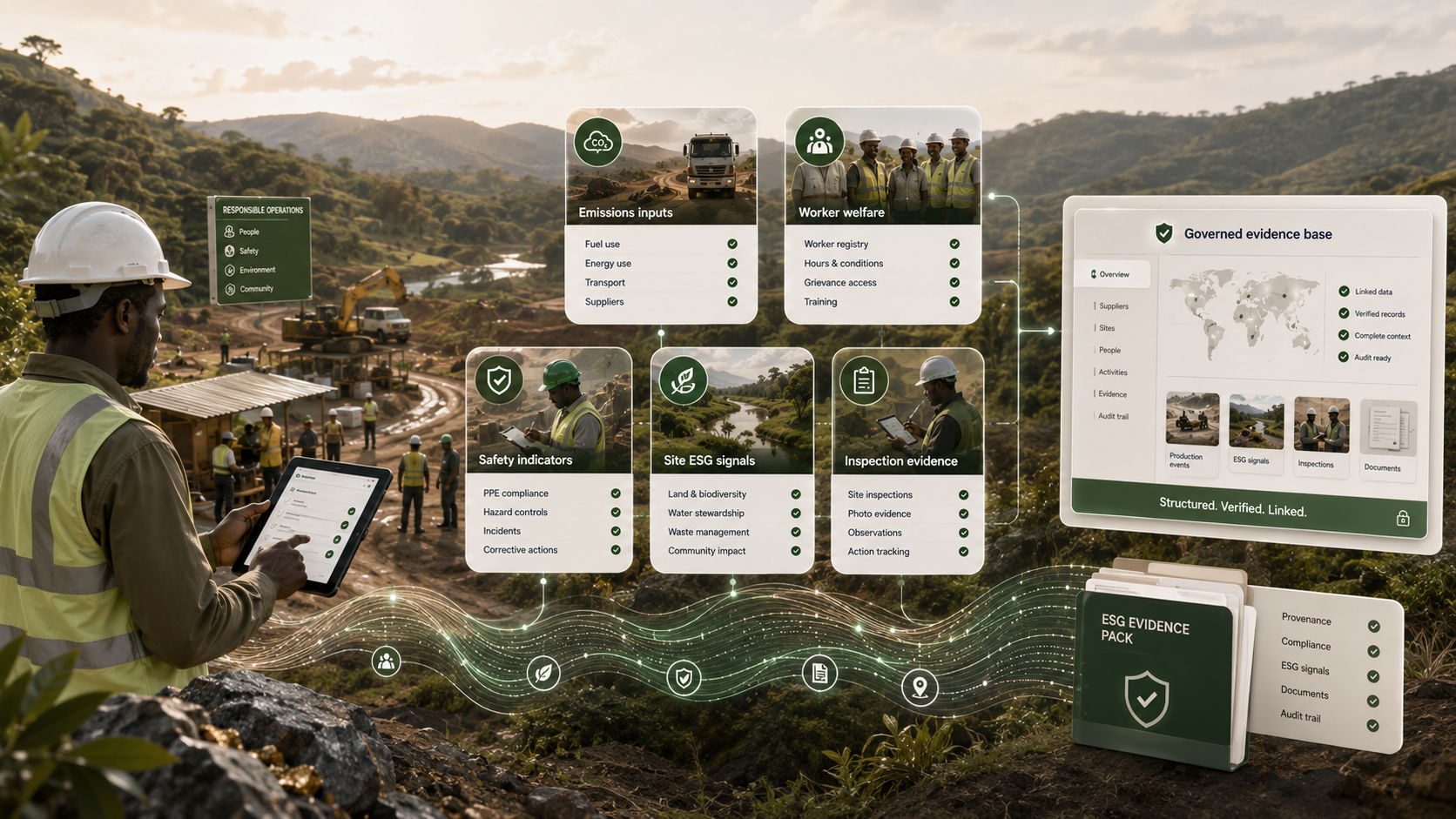 Emissions inputs, worker welfare indicators, and site ESG signals captured at source as operational data