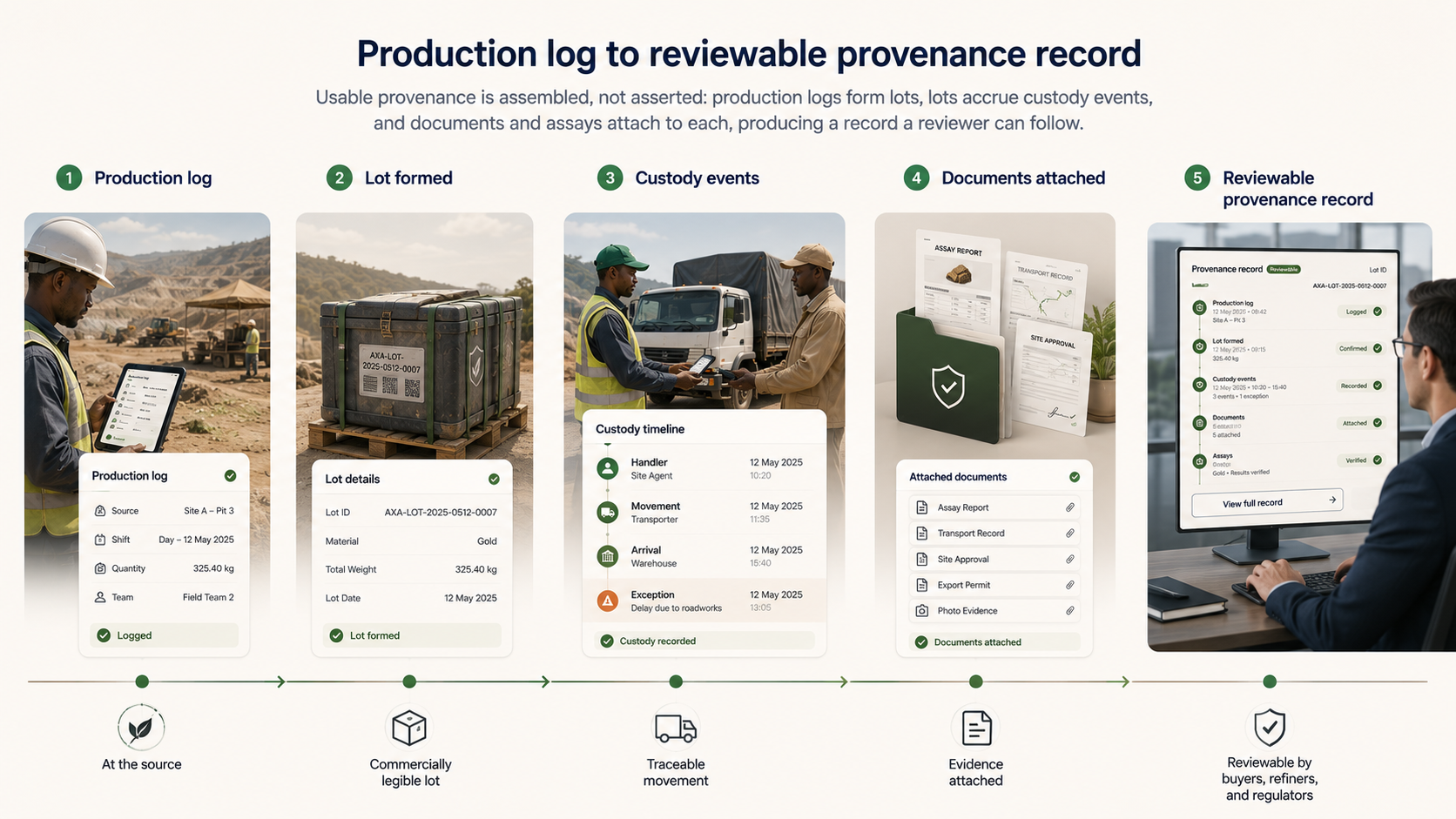 Production logs forming lots, lots accruing custody events, and documents and assays attaching to each, producing a reviewable provenance record
